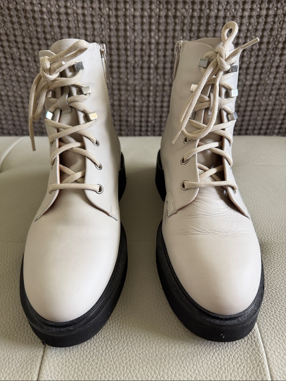 Aquatalia Women's Cream Lace-Up Leather Combat Boots tee with Black Sole